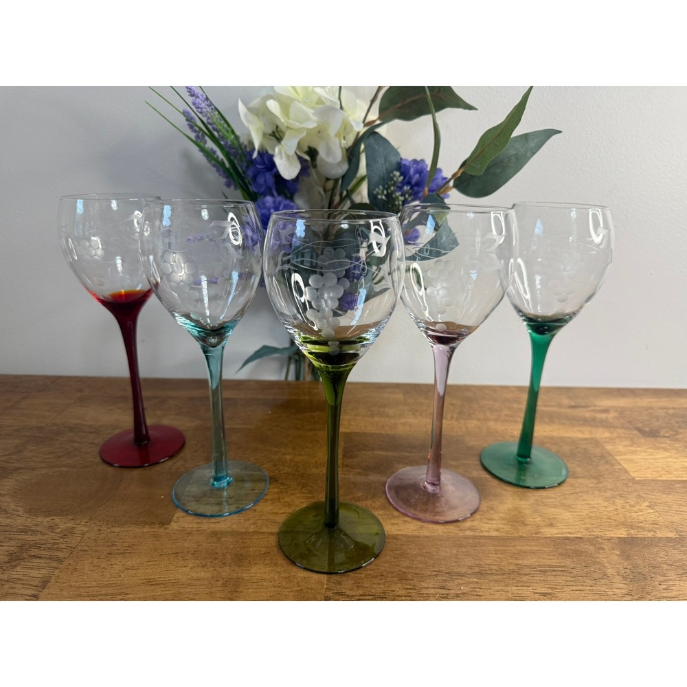 Vintage Etched Grape Wine Glasses Coloured Stem Goblets Rainbow Stemware